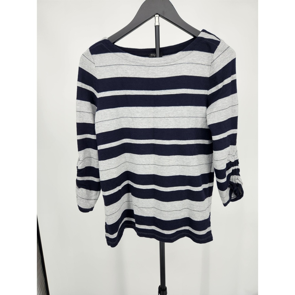 Talbots Petite Striped Knit Top Navy Gray Ruched 3/4 Sleeve Boat Neck SP